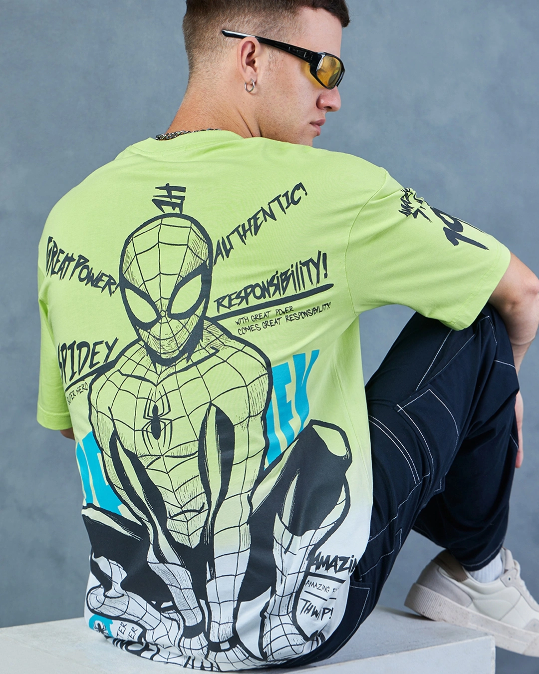 Men's Green & White Spiderman Graphic Printed Ombre Oversized T-shirt