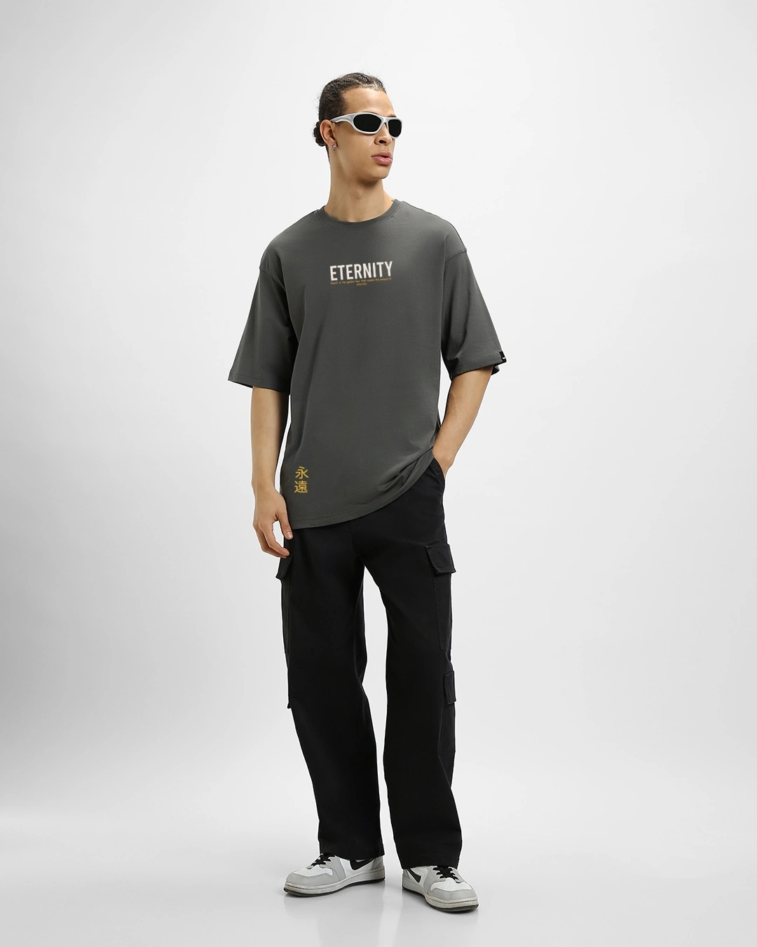 Men's Grey Eternity Graphic Printed Oversized T-shirt - Image 4