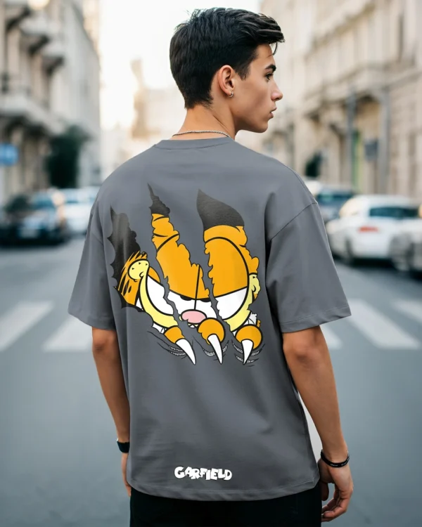 Men's Grey Smiling Cat Graphic Printed Oversized T-shirt