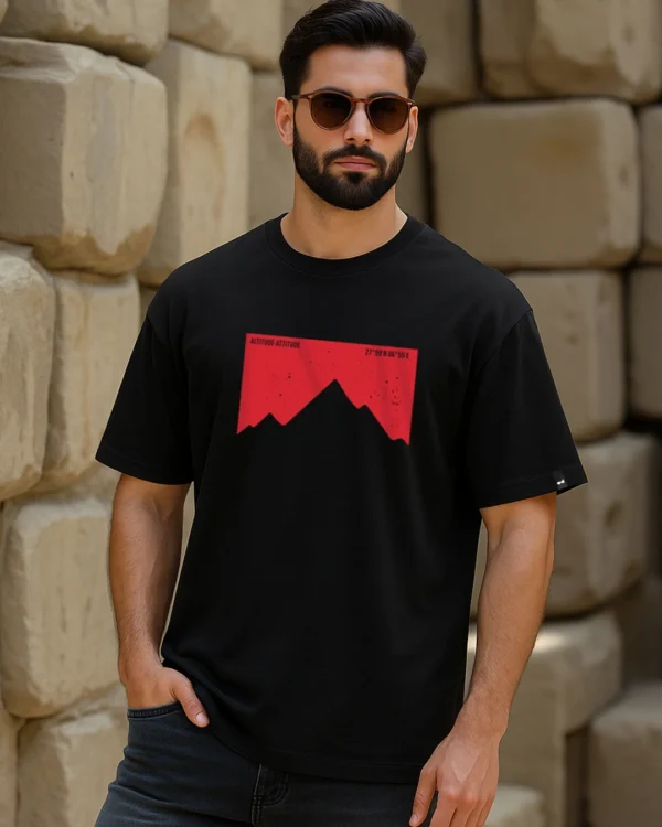 Men's Jet Black Altitude Graphic Printed Oversized T-shirt