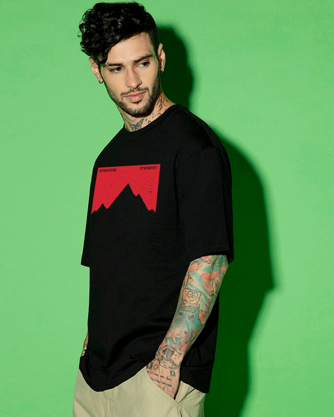 Men's Jet Black Altitude Graphic Printed Oversized T-shirt - Image 2