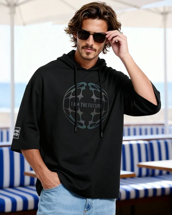 Men's Jet Black Future Graphic Printed Oversized Hoodie T-shirt
