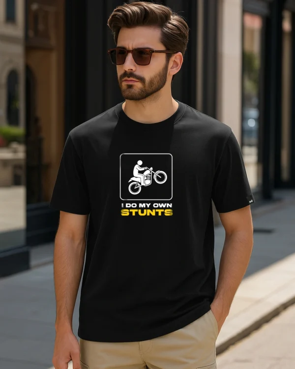 Men's Jet Black I Do My Own Stunts Graphic Printed T-shirt