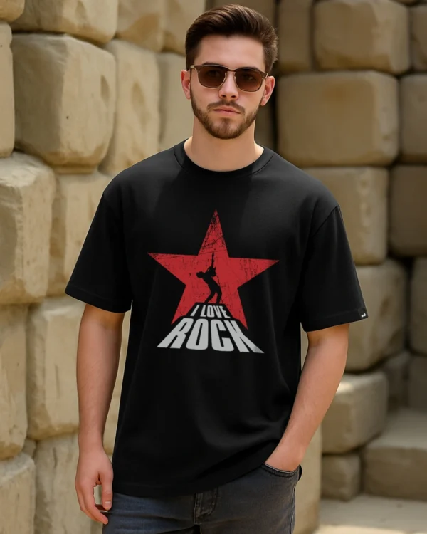 Men's Jet Black I Love Rock Graphic Printed Oversized T-shirt