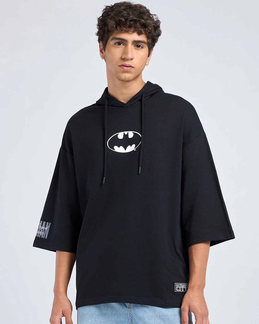 Men's Jet Black Justice Bat Graphic Printed Oversized Hoodie T-shirt - Image 2