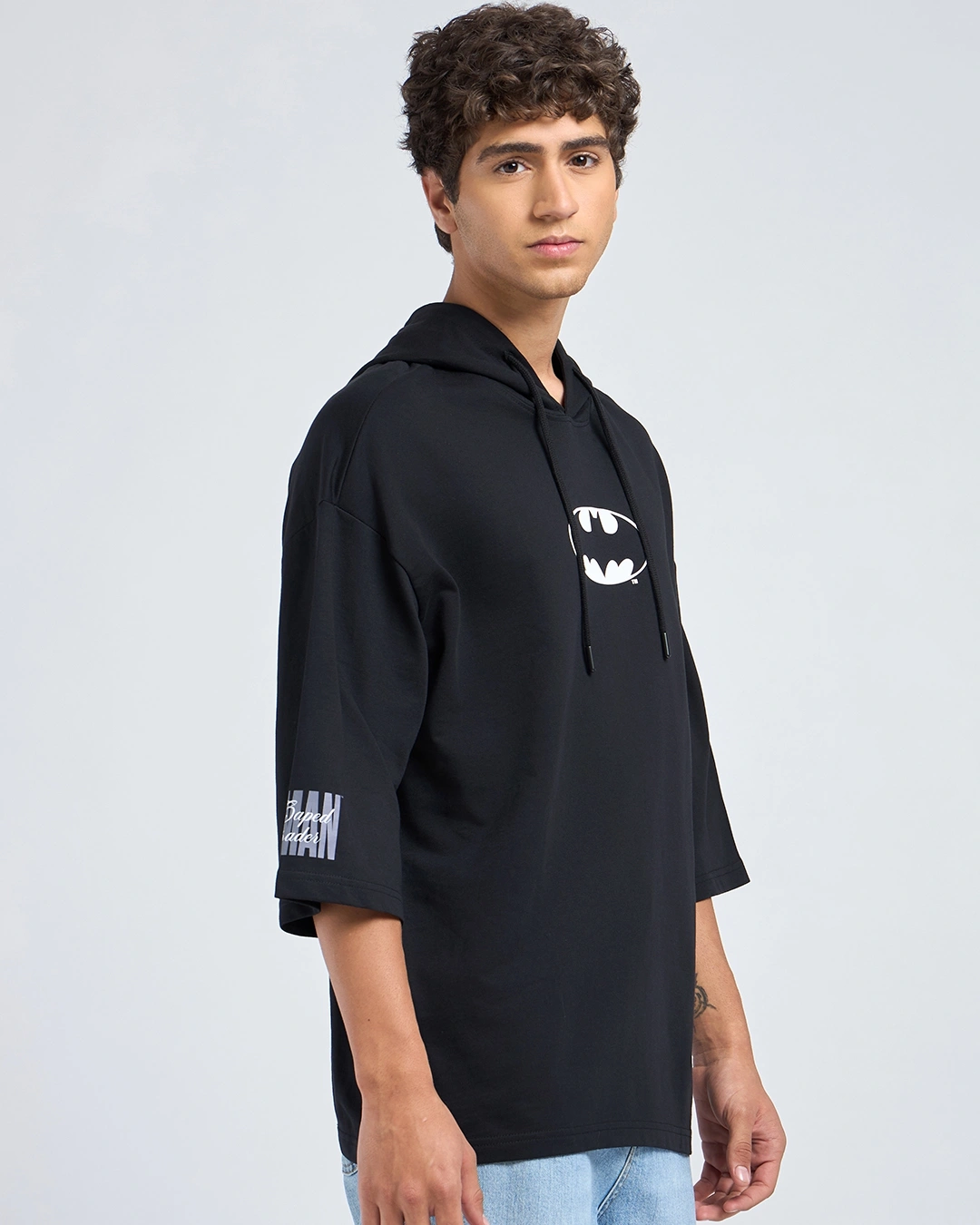 Men's Jet Black Justice Bat Graphic Printed Oversized Hoodie T-shirt - Image 3