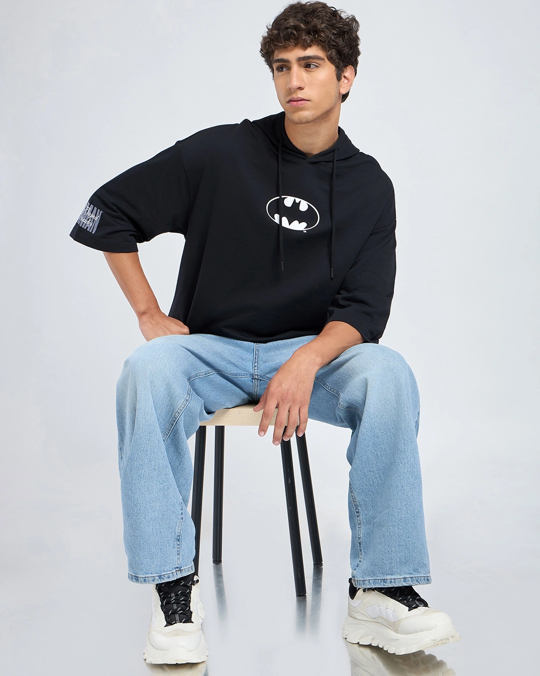 Men's Jet Black Justice Bat Graphic Printed Oversized Hoodie T-shirt - Image 4