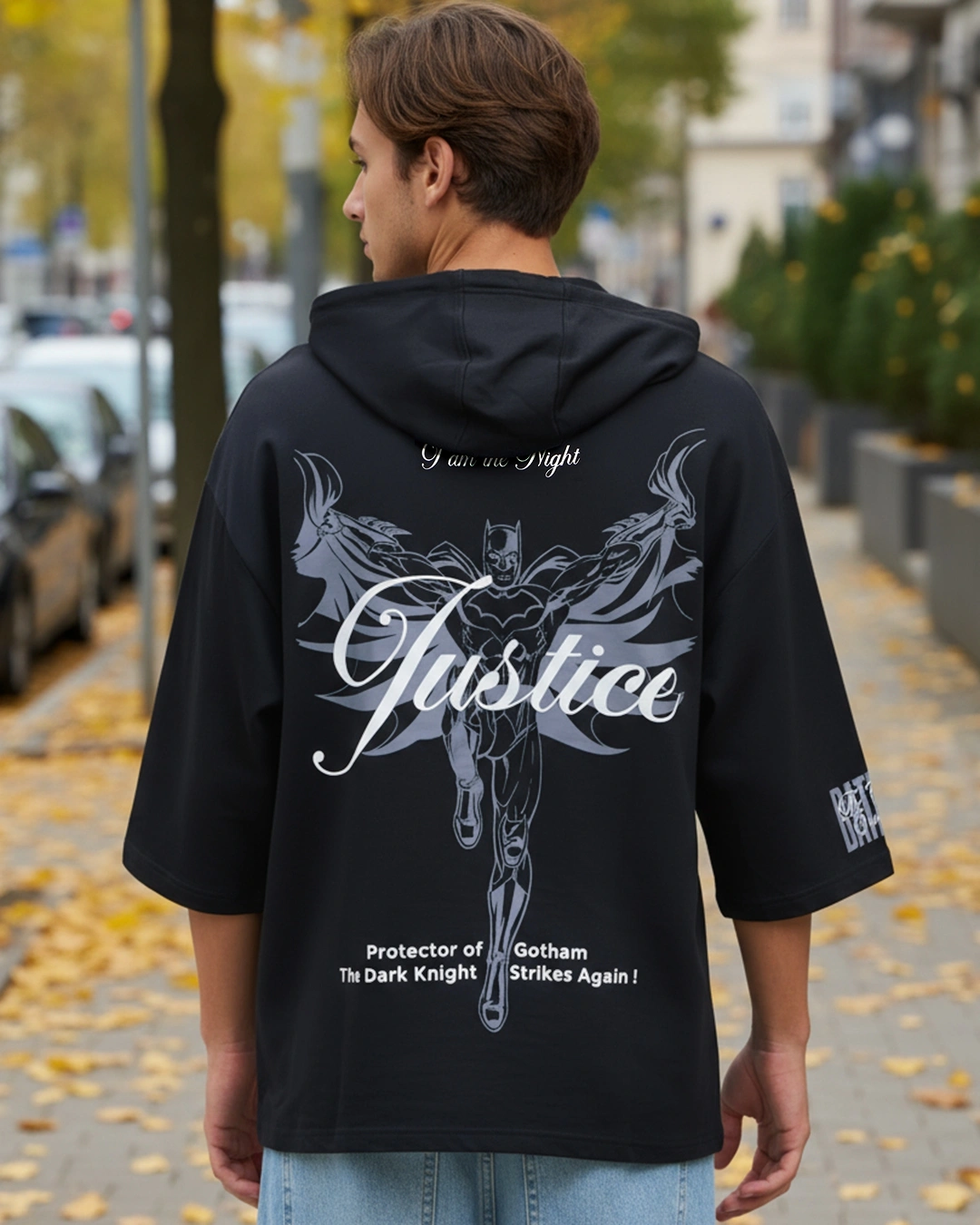 Men's Jet Black Justice Bat Graphic Printed Oversized Hoodie T-shirt