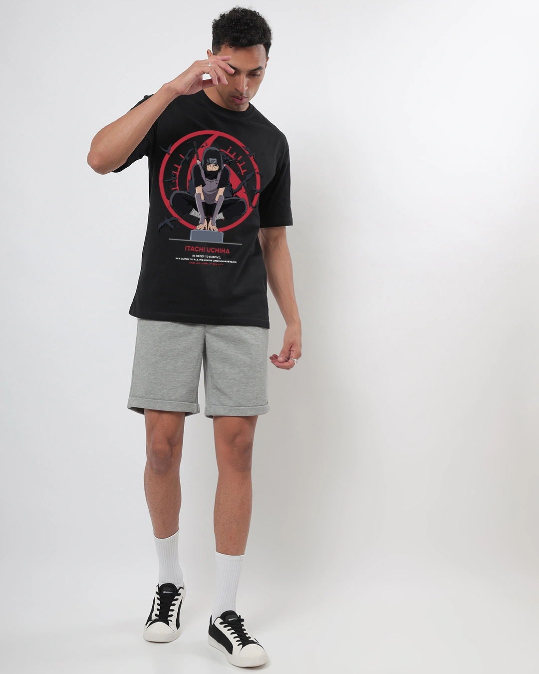 Men's Jet Black Madara Graphic Printed Oversized T-shirt - Image 4