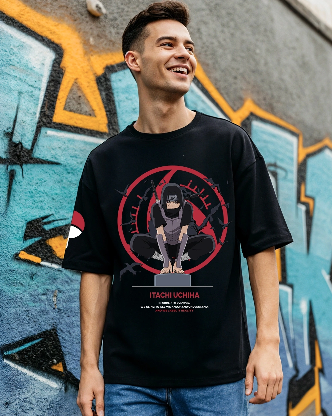 Men's Jet Black Madara Graphic Printed Oversized T-shirt