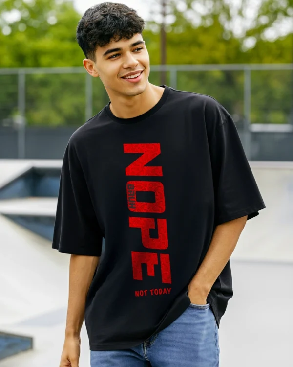 Men's Jet Black Nope Bruh Typography Oversized T-shirt