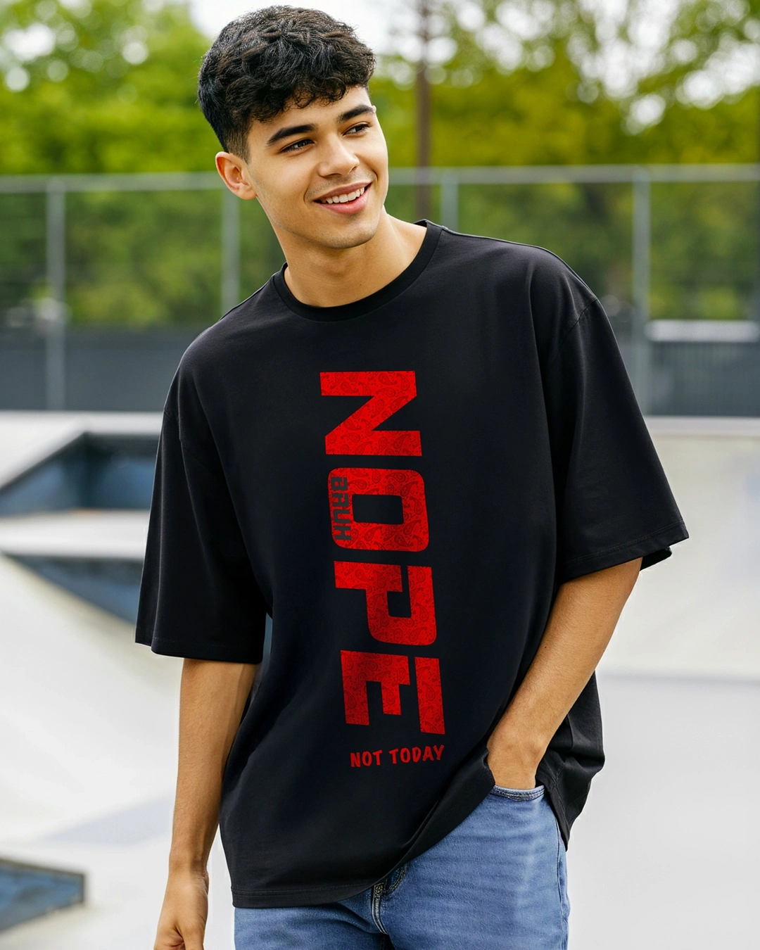 Men's Jet Black Nope Bruh Typography Oversized T-shirt