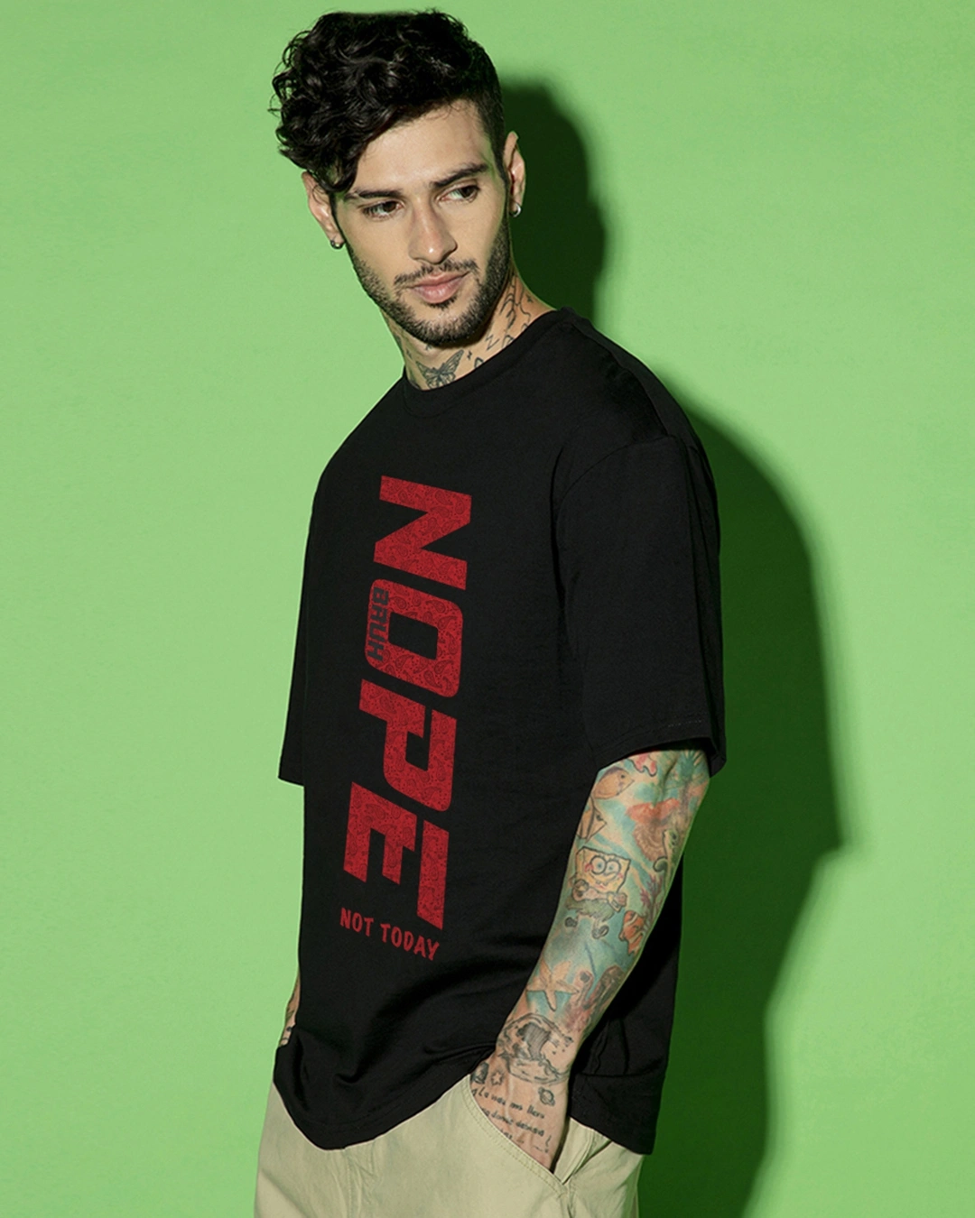 Men's Jet Black Nope Bruh Typography Oversized T-shirt - Image 2