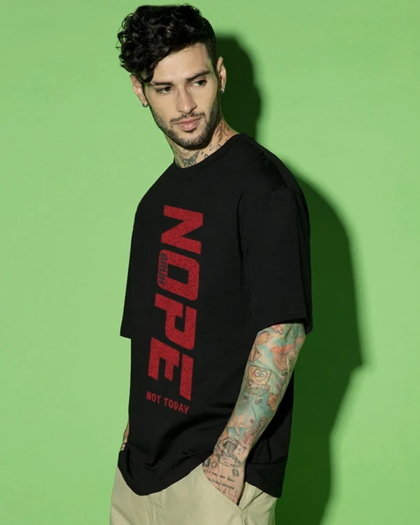 Men's Jet Black Nope Bruh Typography Oversized T-shirt