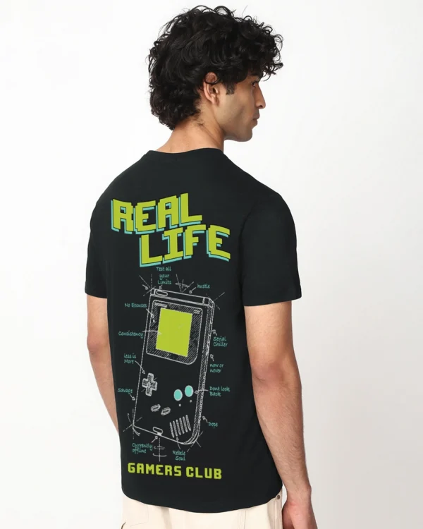 Men's Jet Black Real Life Graphic Printed T-shirt