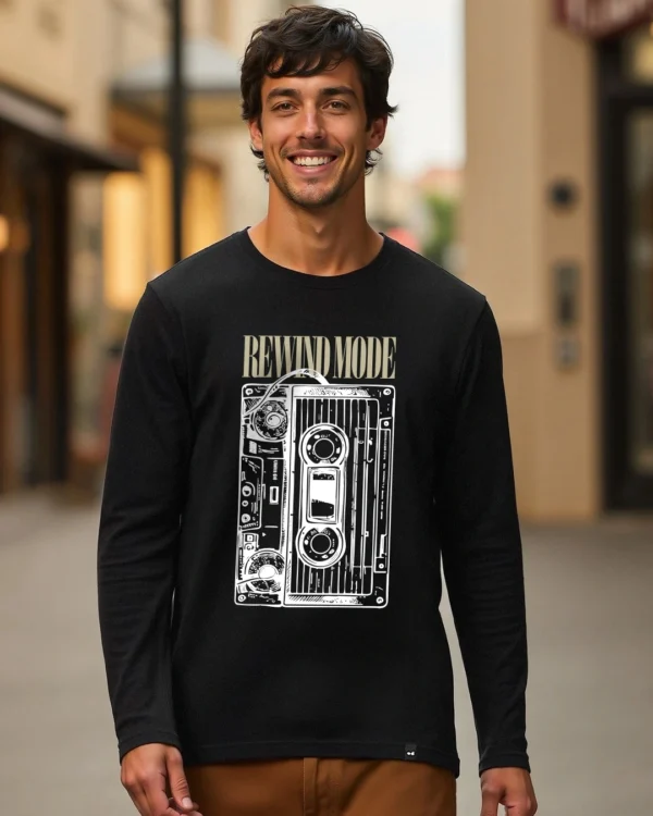 Men's Jet Black Rewind Mode Graphic Printed T-shirt