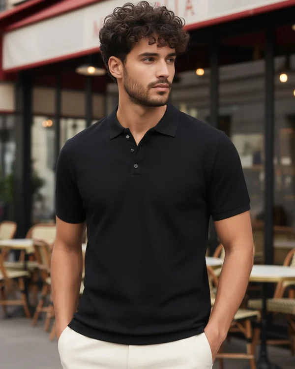 Men's Jet Black Textured Polo T-shirt