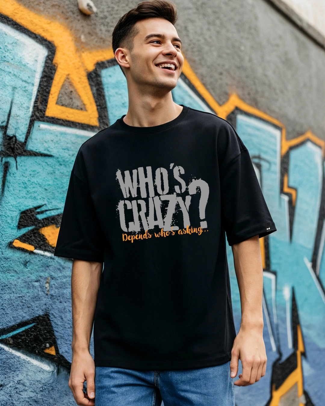 Men's Jet Black Who Is Crazy Typography Oversized T-shirt