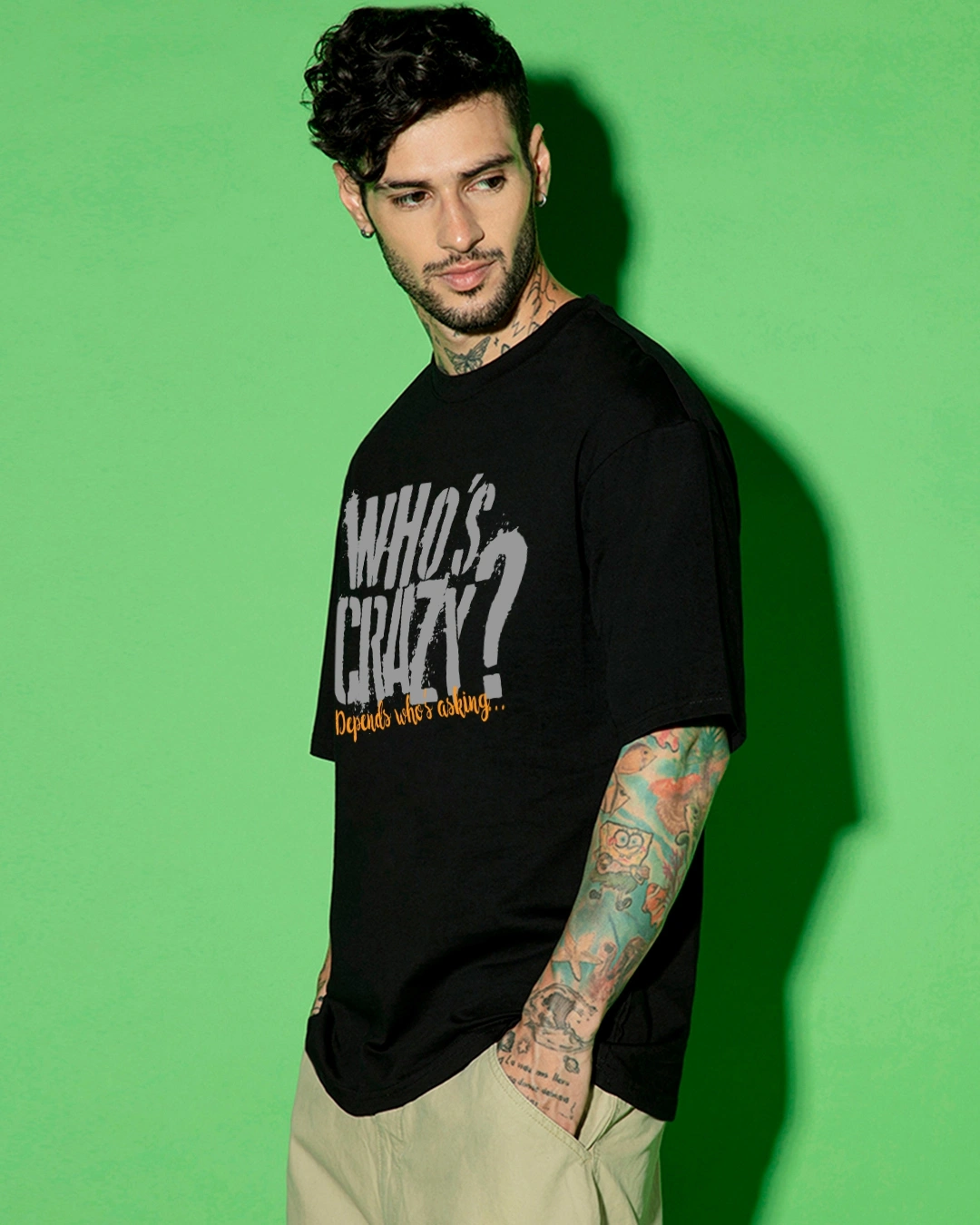 Men's Jet Black Who Is Crazy Typography Oversized T-shirt - Image 2