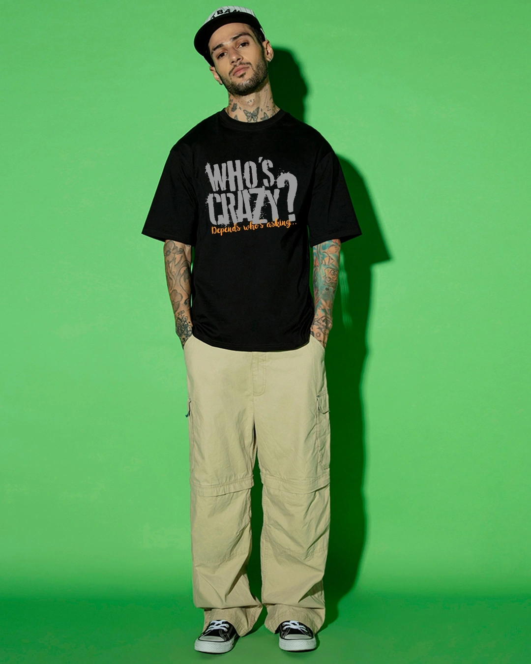 Men's Jet Black Who Is Crazy Typography Oversized T-shirt - Image 5