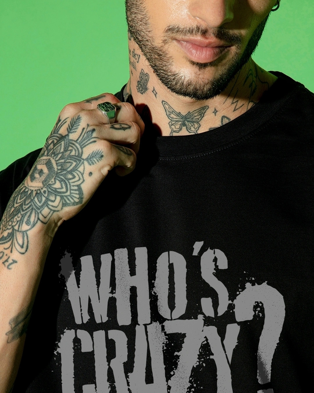 Men's Jet Black Who Is Crazy Typography Oversized T-shirt - Image 6