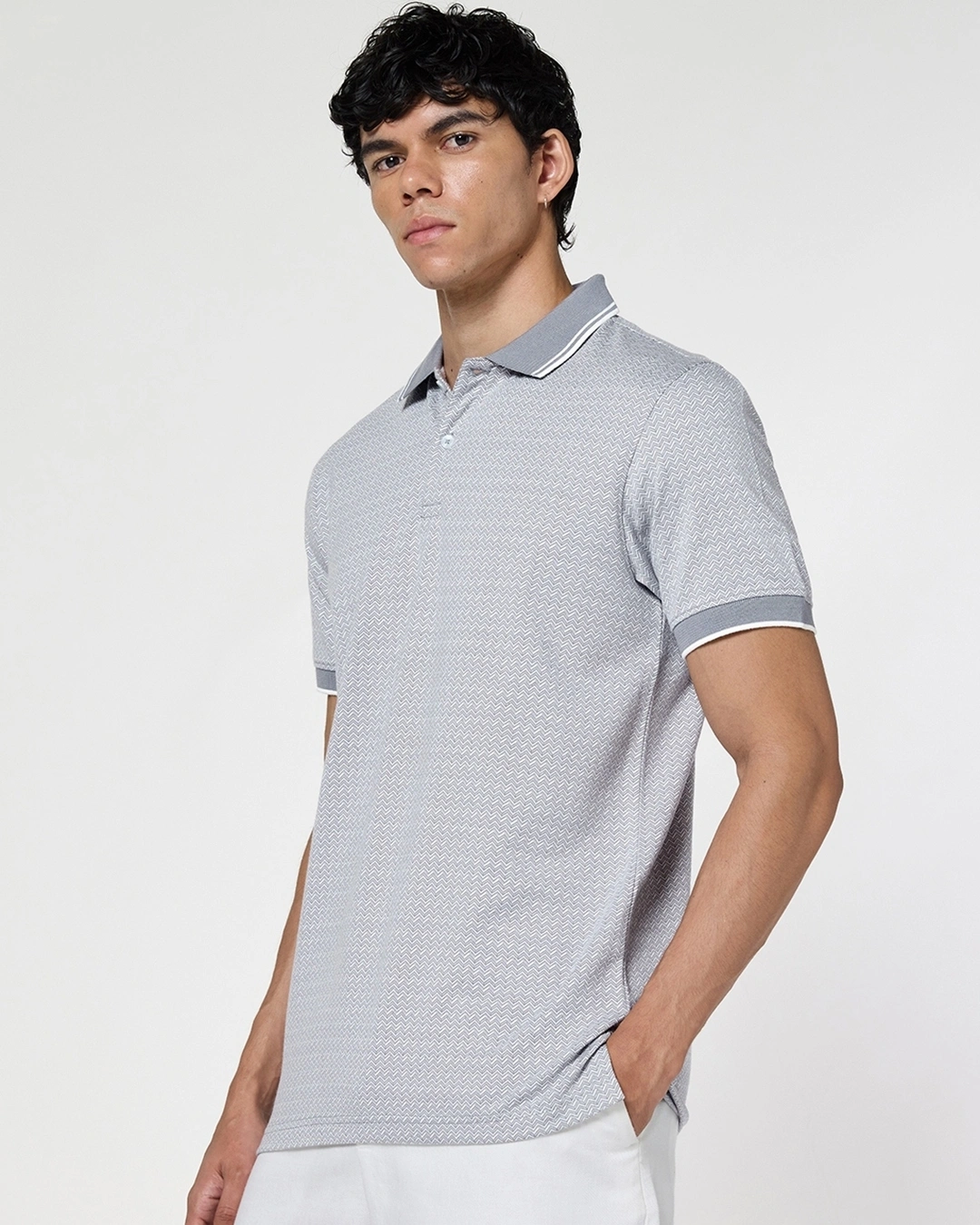 Men's Light Grey Micro Geometric Printed Polo T-shirt - Image 2