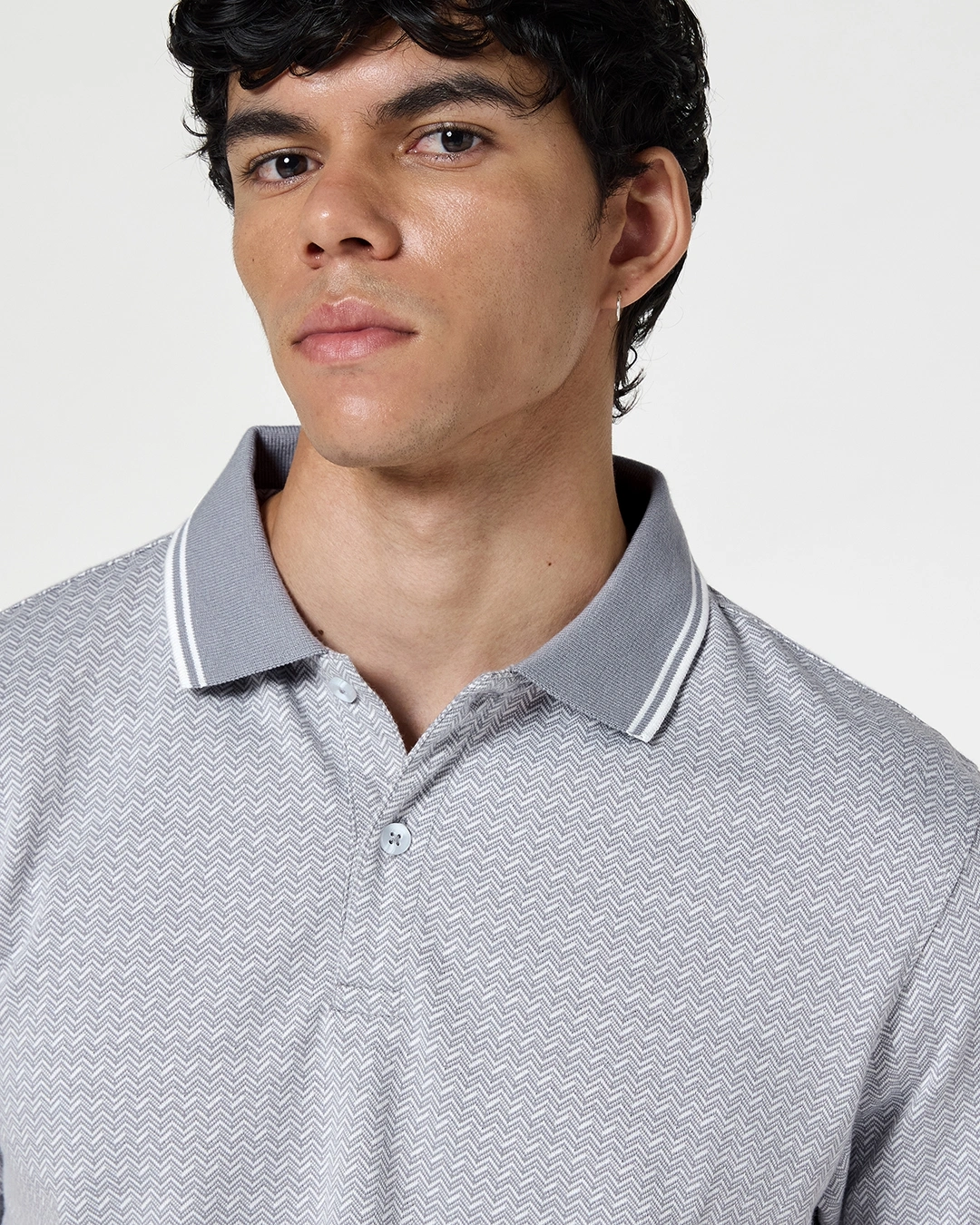 Men's Light Grey Micro Geometric Printed Polo T-shirt - Image 5