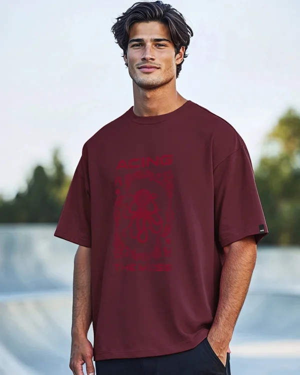 Men's Maroon Aceing The Mess Graphic Printed Oversized T-shirt