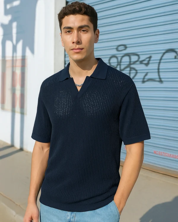 Men's Navy Blue Flatknit Polo T-shirt