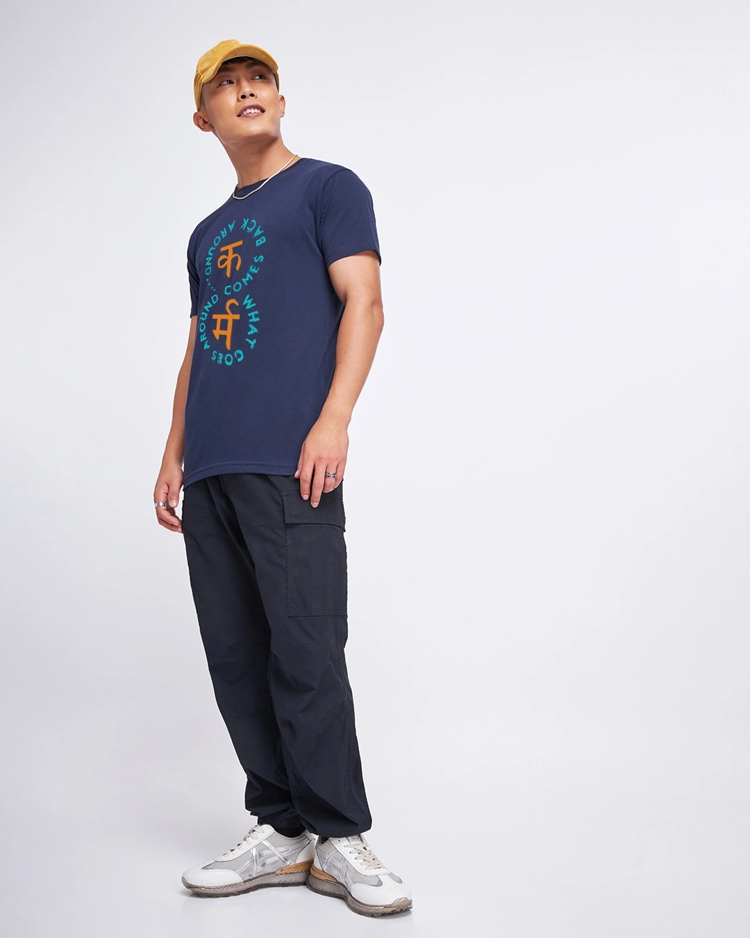Men's Navy Blue Karma Graphic Printed T-shirt - Image 4