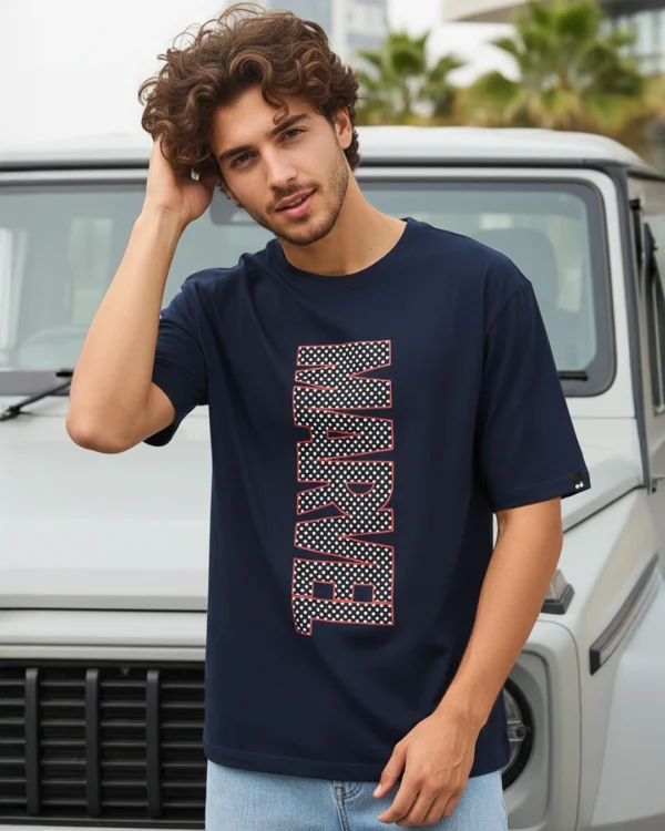 Men's Navy Blue Marvel Typography Oversized T-shirt