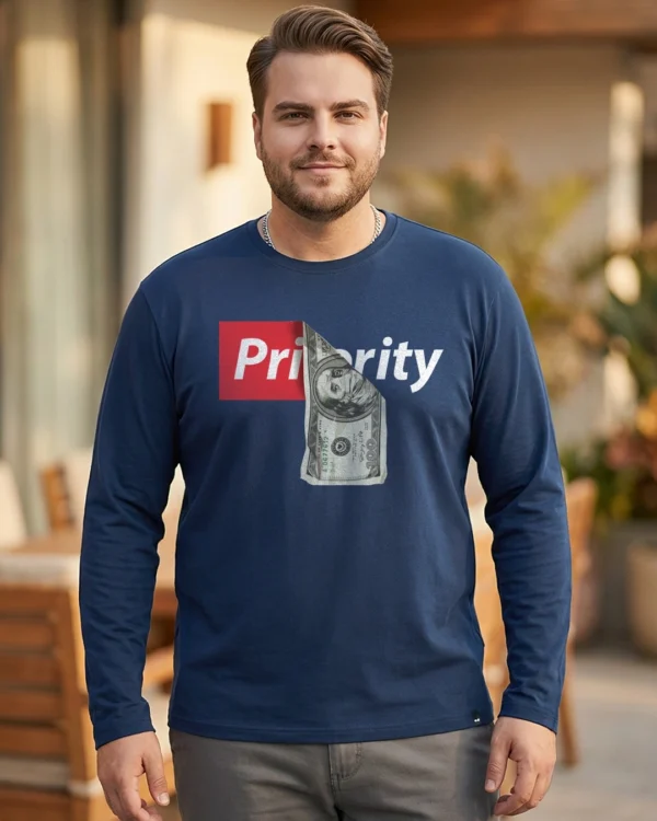 Men's Navy Blue Priority Graphic Printed Plus Size T-shirt