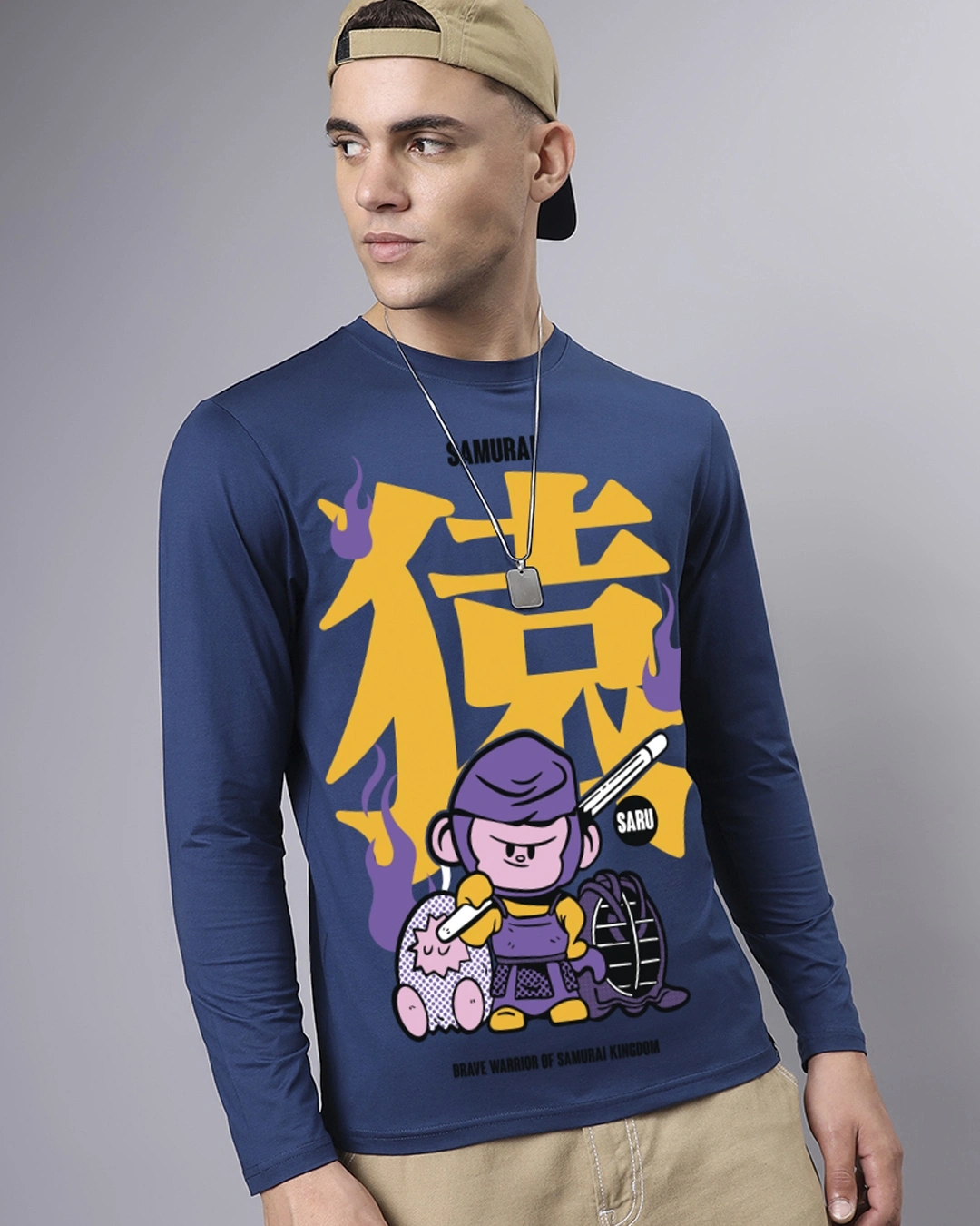 Men's Navy Blue Samurai Graphic Printed T-shirt