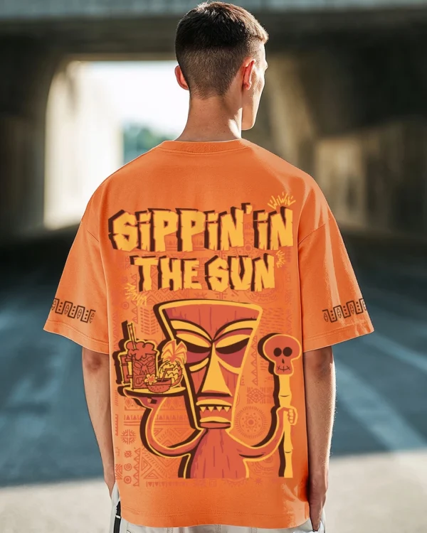 Men's Orange Sippin Sun Graphic Printed Oversized T-shirt