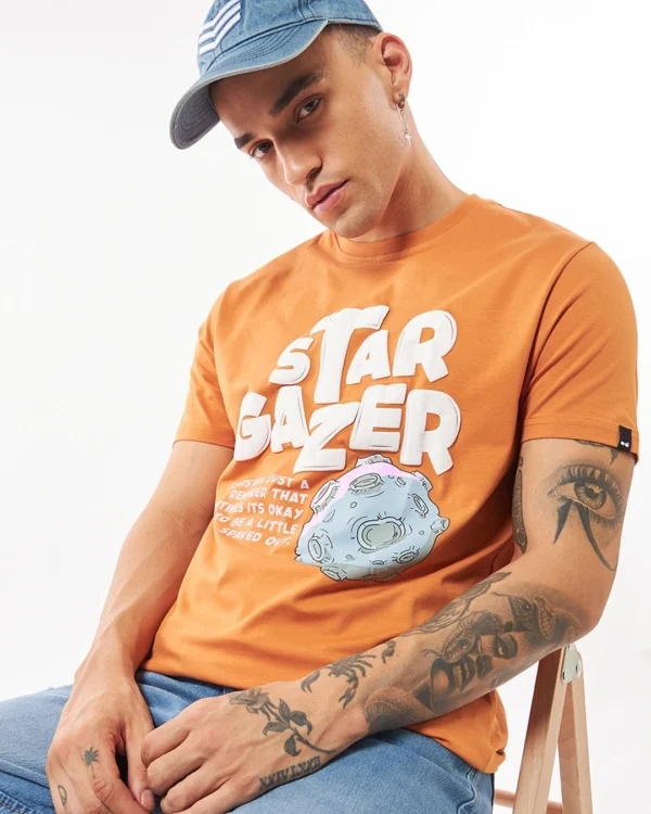 Men's Orange Stargazer Graphic Printed T-shirt