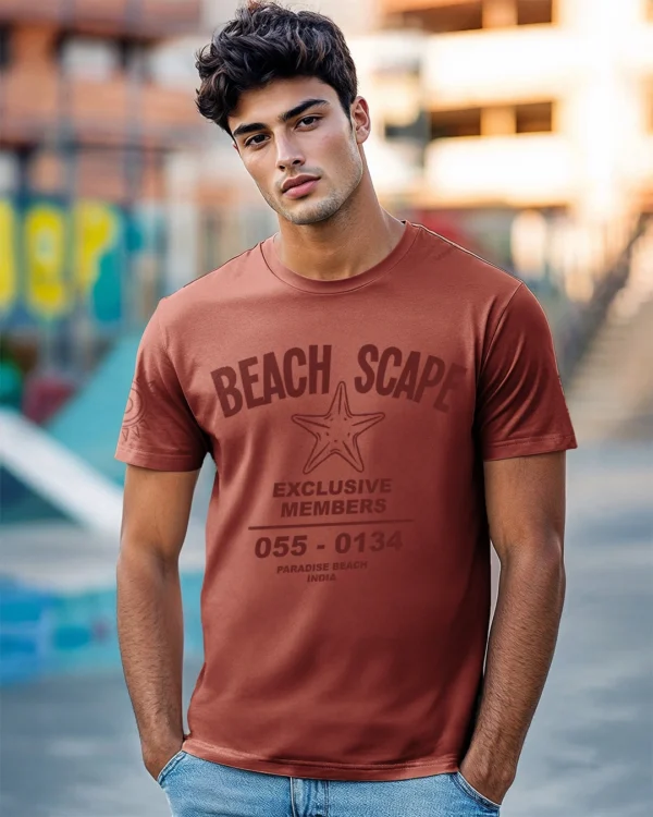 Men's Brick Red Beach Scape Typography T-shirt