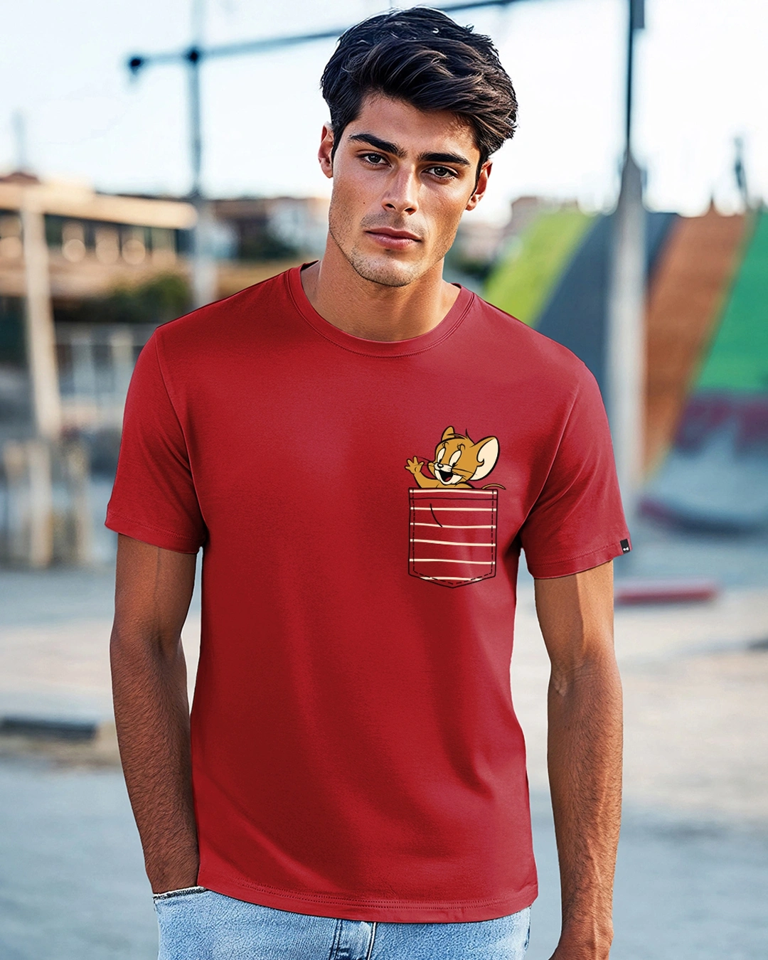 Men's Red Pocket Jerry Graphic Printed T-shirt