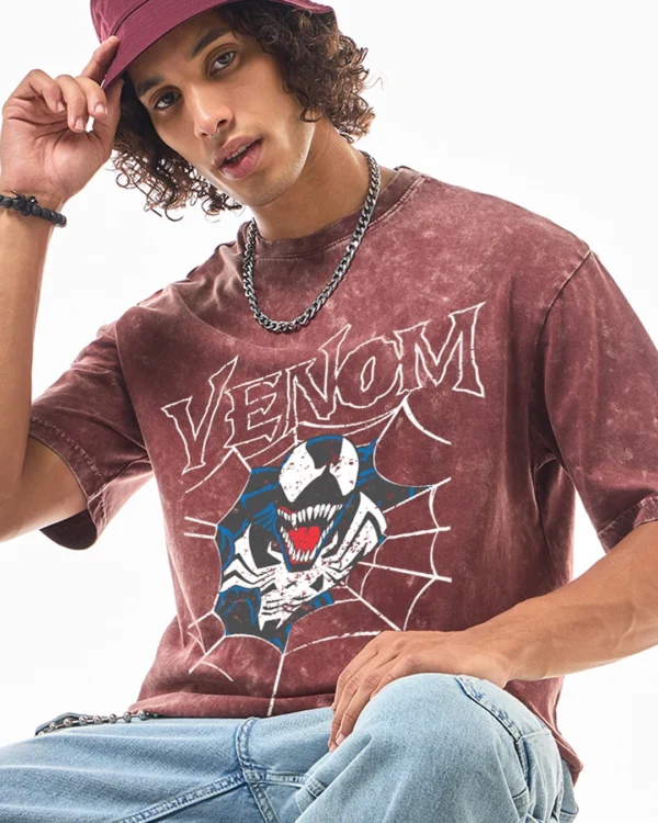 Men's Brick Red Venom Web Graphic Printed Oversized Acid Wash T-shirt