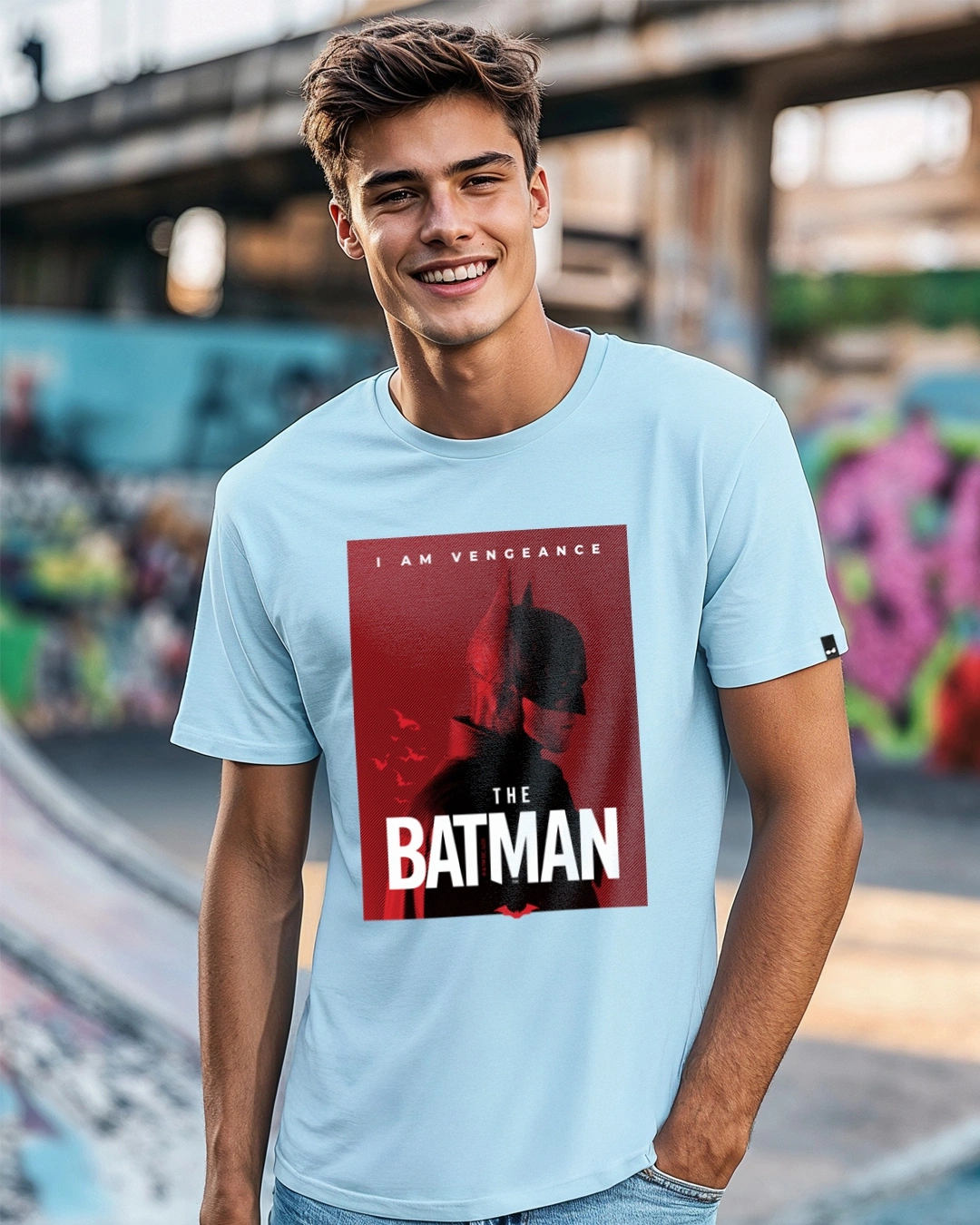 Men's Sky Blue Batman Poster Graphic Printed T-shirt