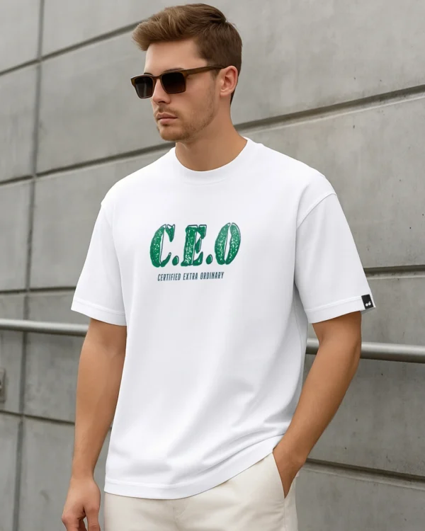 Men's White Certified Extraordinary Typography Oversized T-shirt