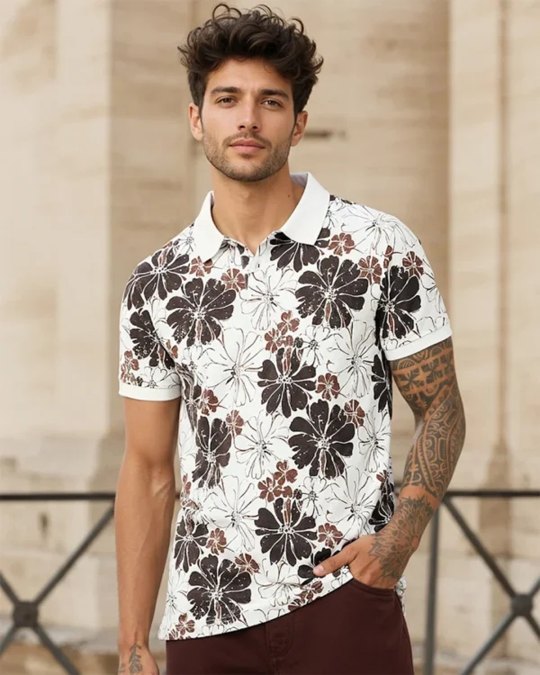 Men's White & Chocloate Brown All Over Printed Polo T-shirt