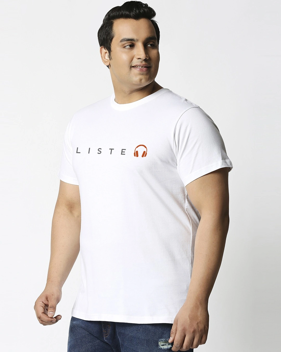 Men's White Keep Listening Typography Plus Size T-shirt - Image 2