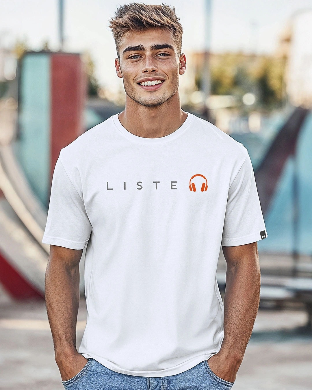 Men's White Keep Listening Typography T-shirt
