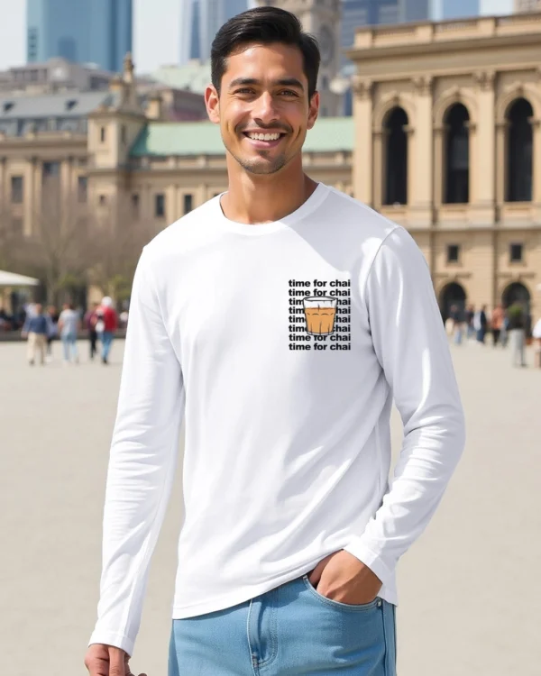 Men's White Time For Chai Graphic Printed T-shirt