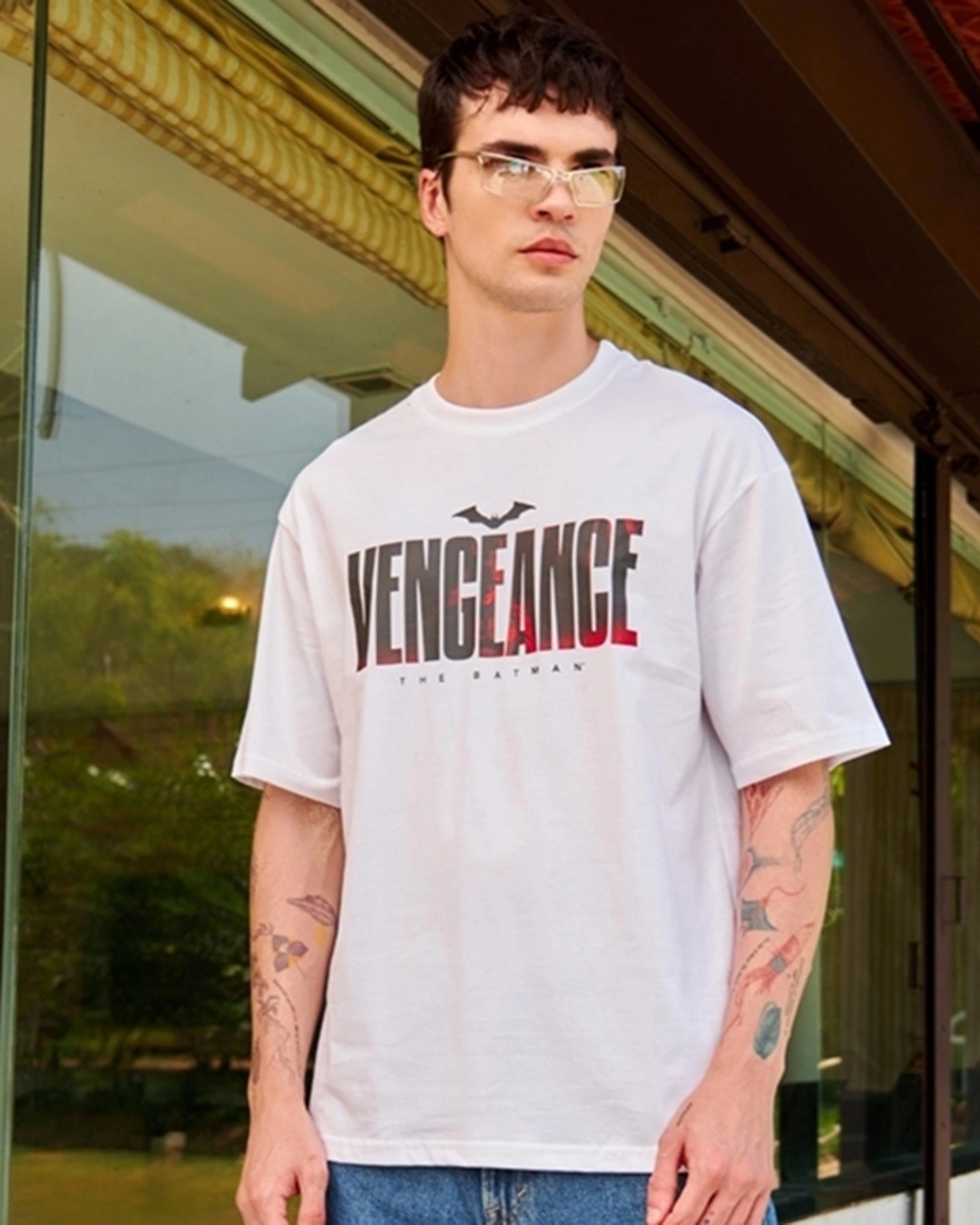 Men's White Vengeance Typography Oversized T-shirt - Image 2