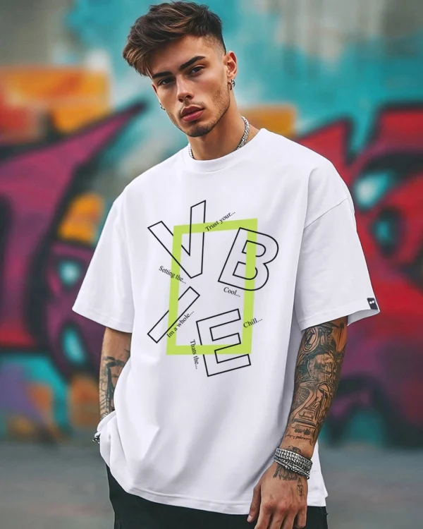 Men's White Vibe Typography Oversized T-shirt