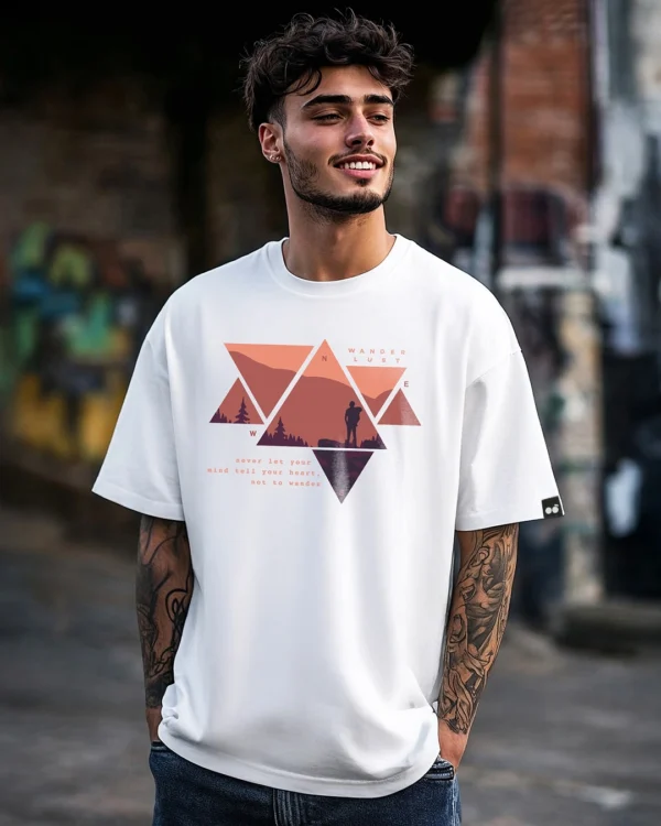 Men's White Wander Geometry Graphic Printed Oversized T-shirt