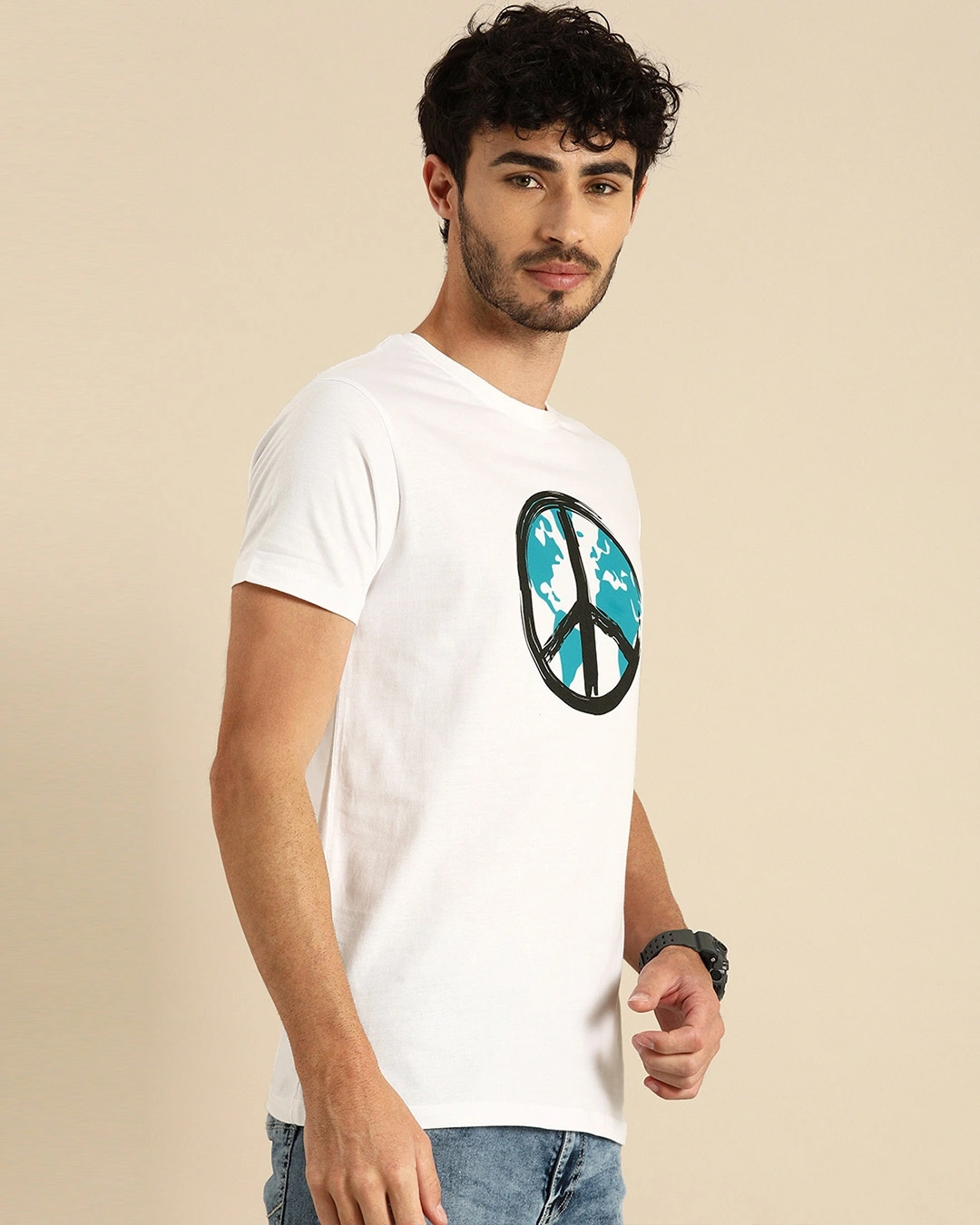 Men's White World Peace Graphic Printed T-shirt - Image 2