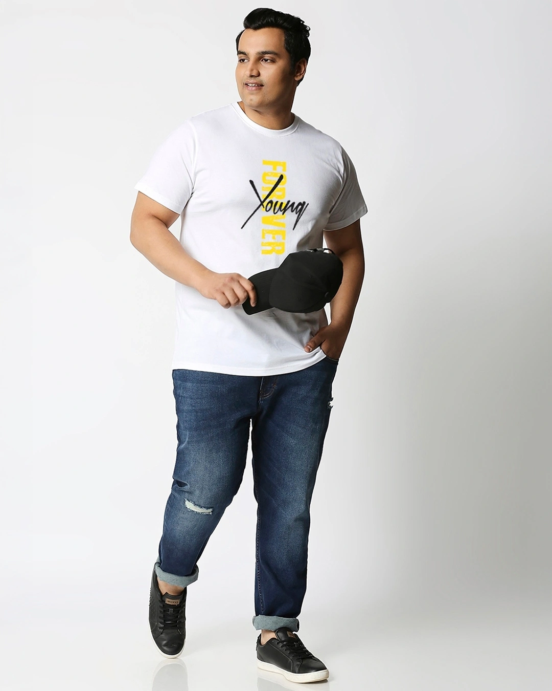 Men's White Young Forever Side Graphic Printed Plus Size T-shirt - Image 4