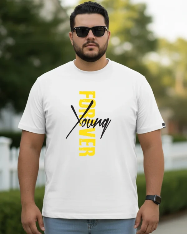 Men's White Young Forever Side Graphic Printed Plus Size T-shirt